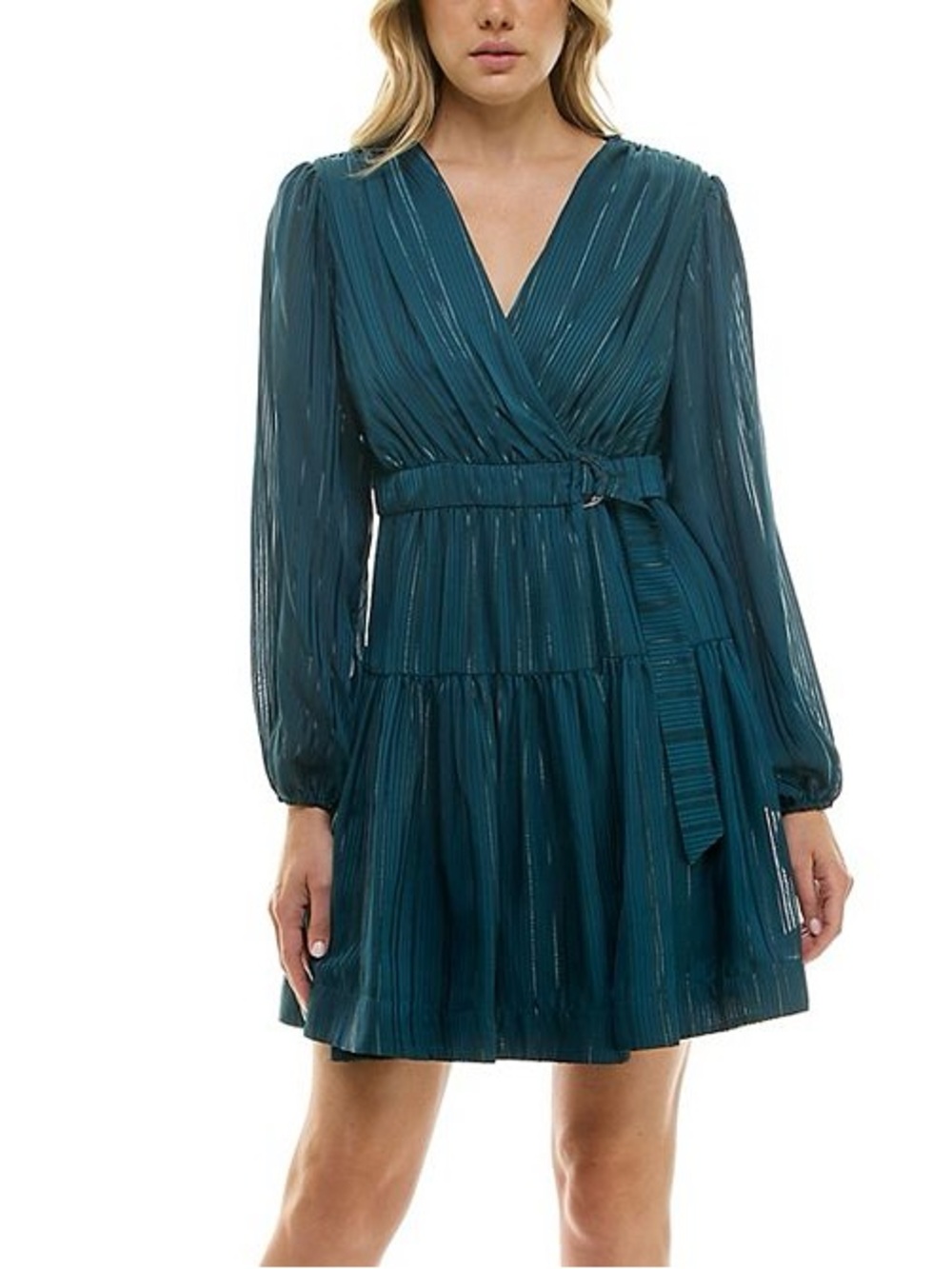 Taylor Teal Wrap Belted Long-Sleeve Mini Dress NWT $79